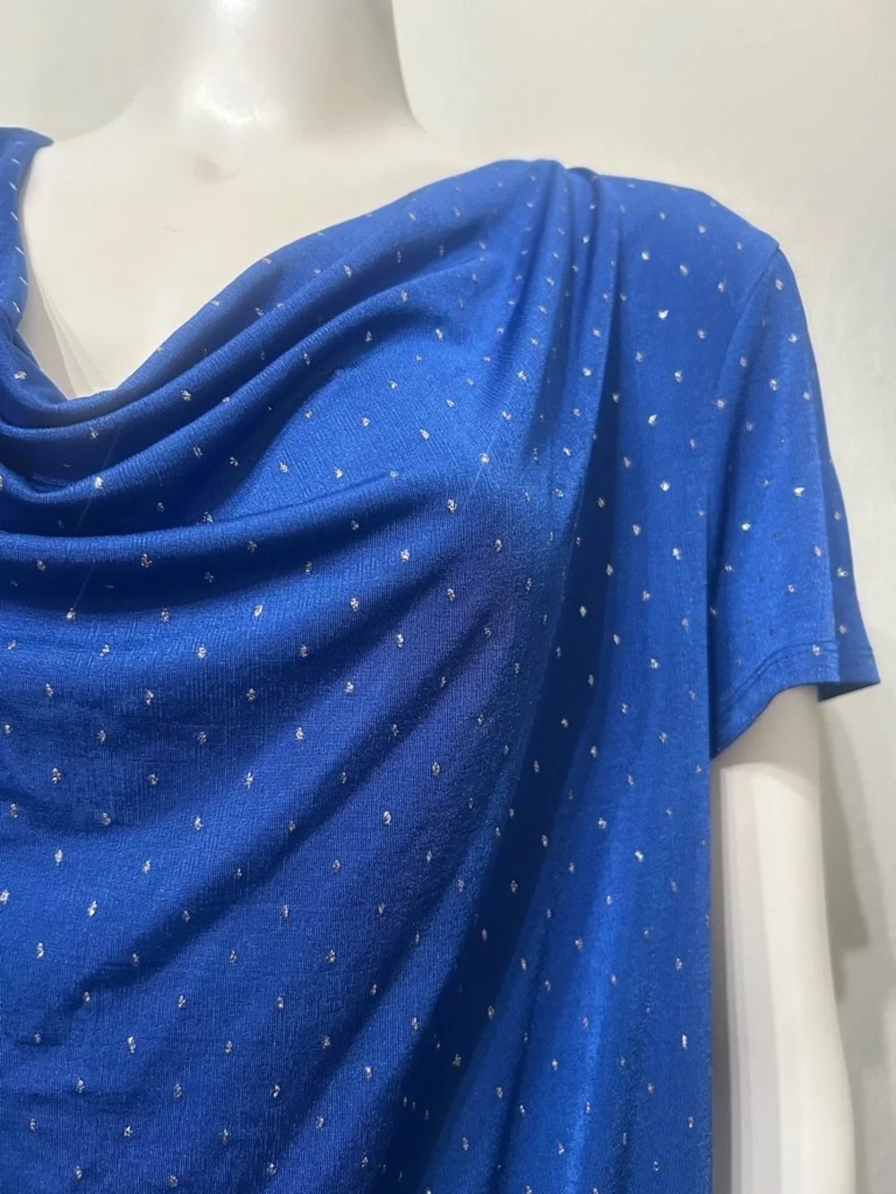 Jaclyn Smith Collection Draped Cowl Neck Blue Top with Glitter Polka Dots - Picture 2 of 4